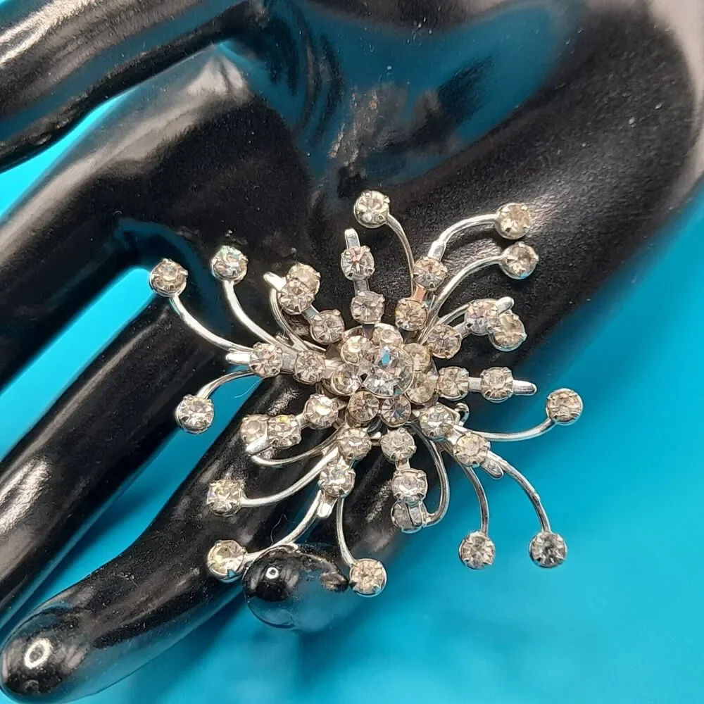 Vintage Rhinestone Starburst Brooch Silver Tone Bridal Pin 2.5”